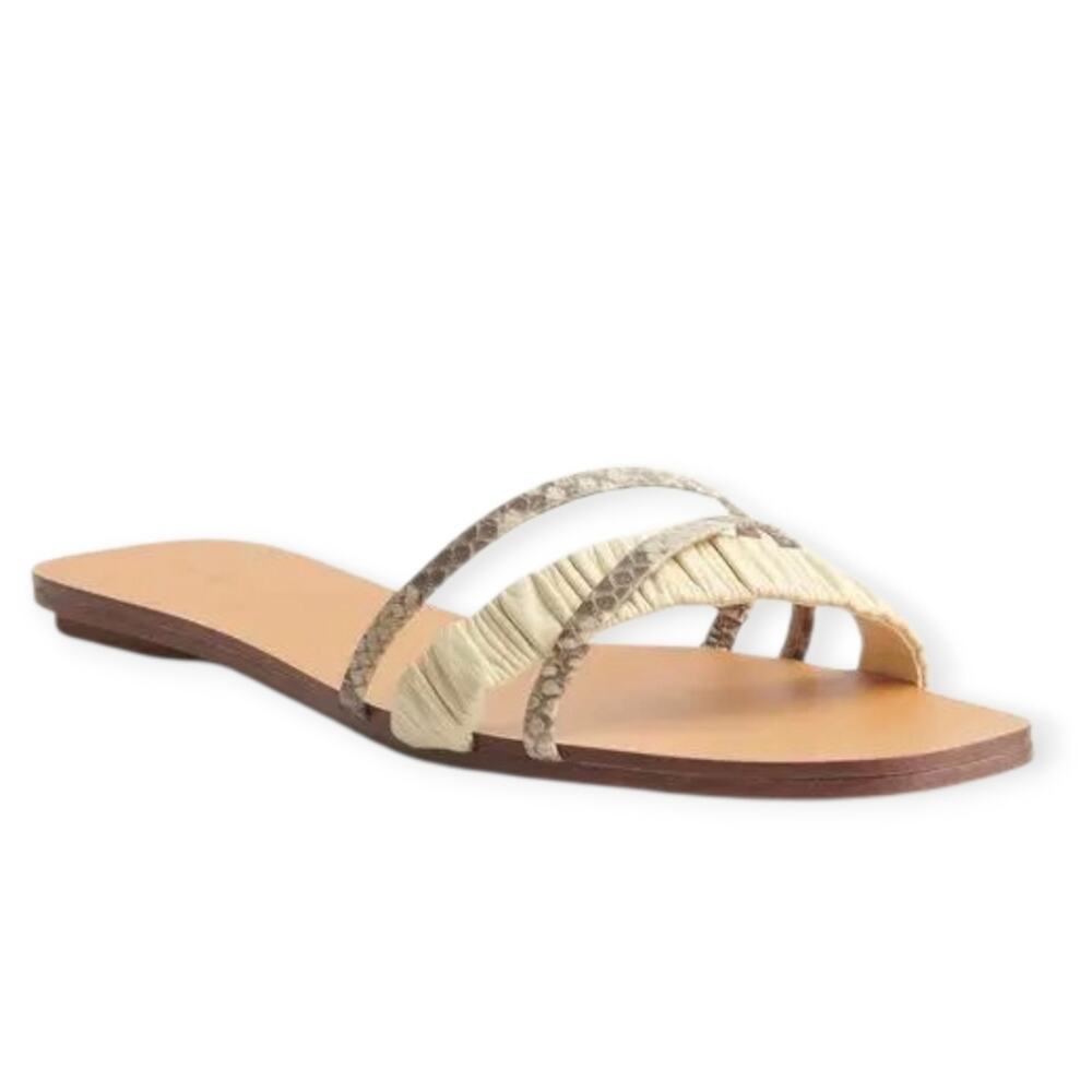 Reformation Katina Strappy Flat Slide Sandals Parmesan and Snake